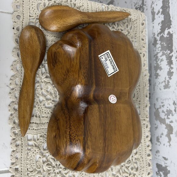 Monkey Pod Wood Basket‎ Bowl With Serving Spoons Hand Carved Scalloped Seashell - Picture 3 of 13